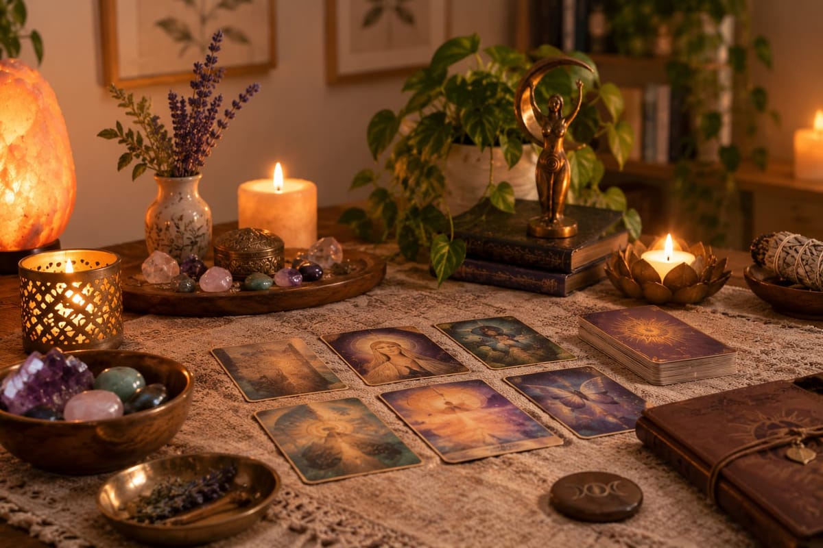 A reading spread of illustrated cards on a lace cloth, surrounded by candles, crystals and lavender