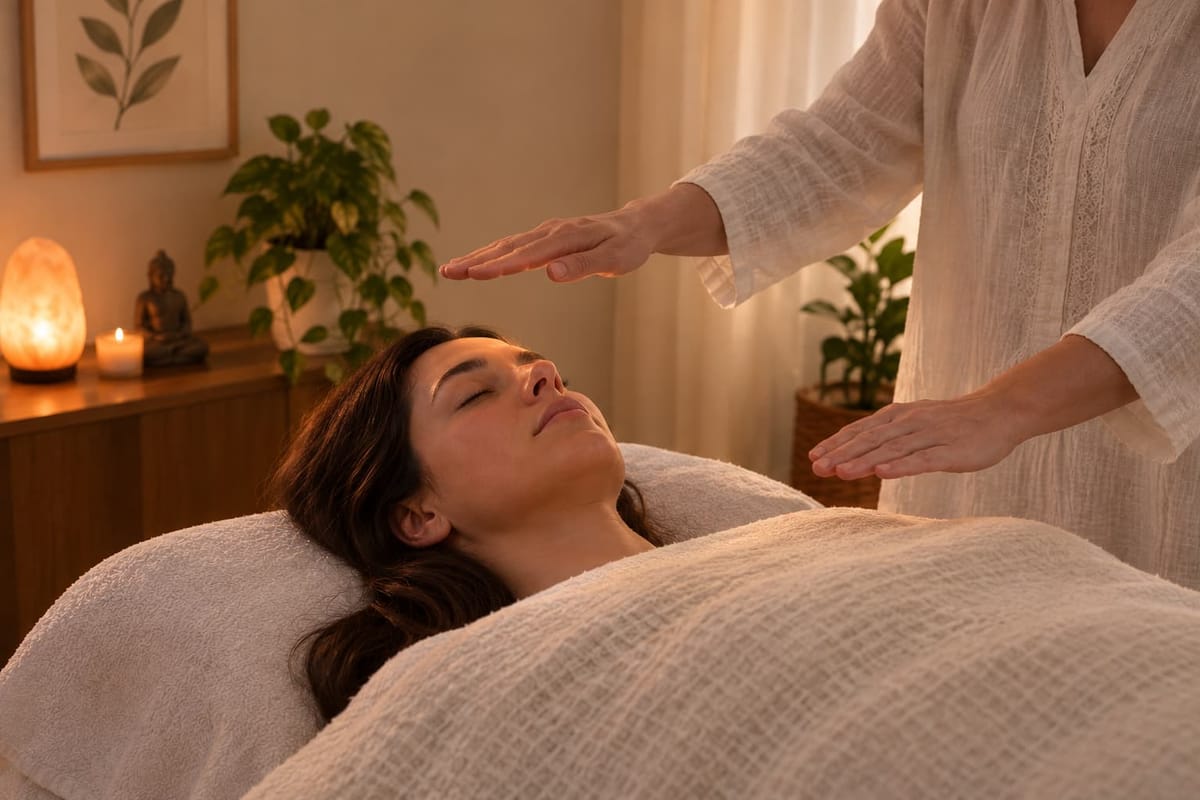 A practitioner's hands held just above a client resting under a soft blanket during Reiki