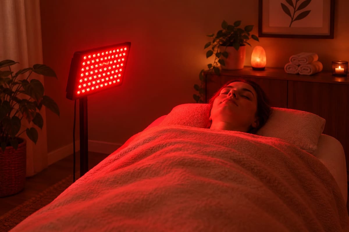 A client resting under a blanket on the treatment table, bathed in the glow of a red light panel
