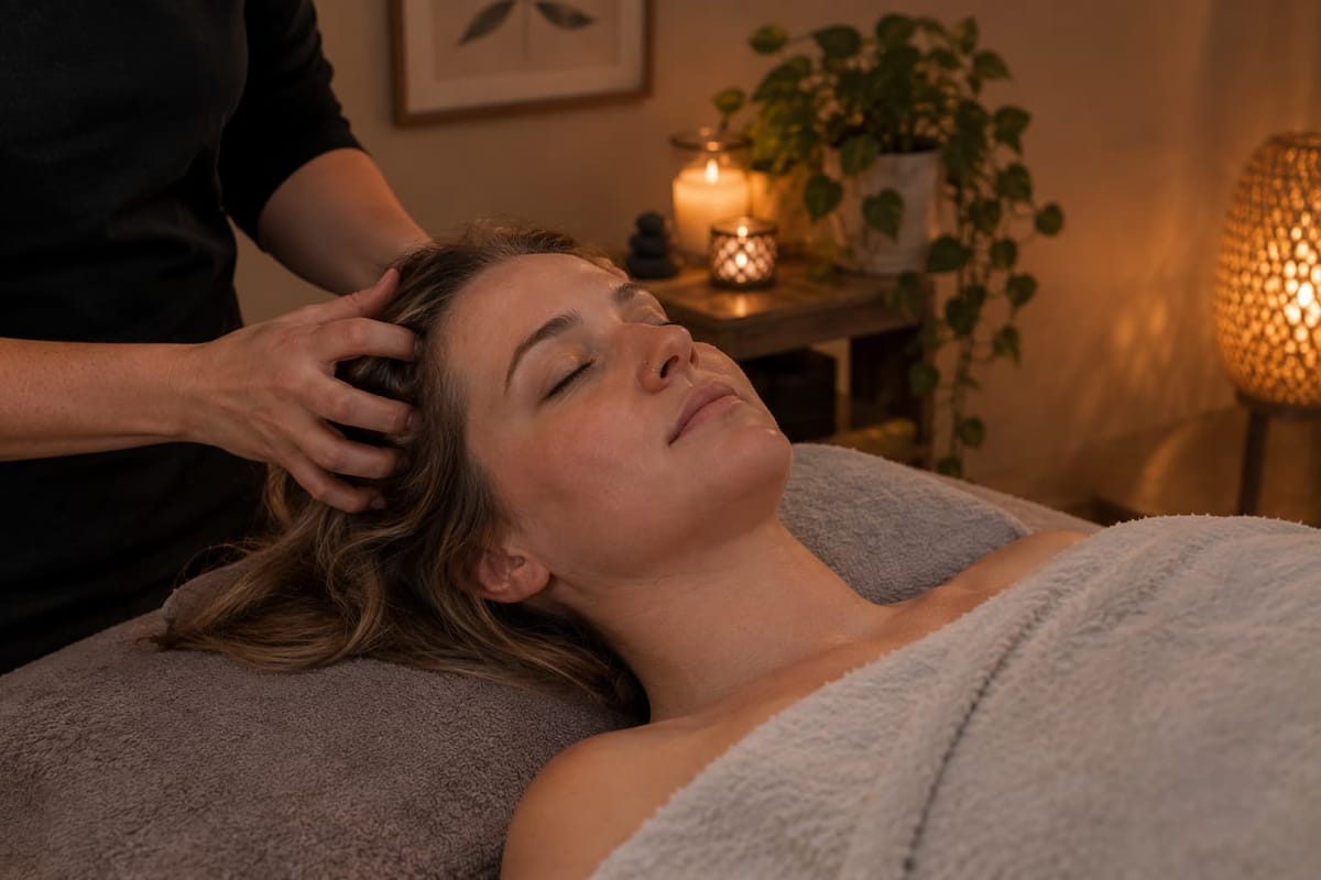 A client relaxing on the treatment table, eyes closed, during a gentle scalp massage
